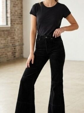 We The Free Free People Black High-Rise Flare Jeans, Black Ribbed, Boho Chic